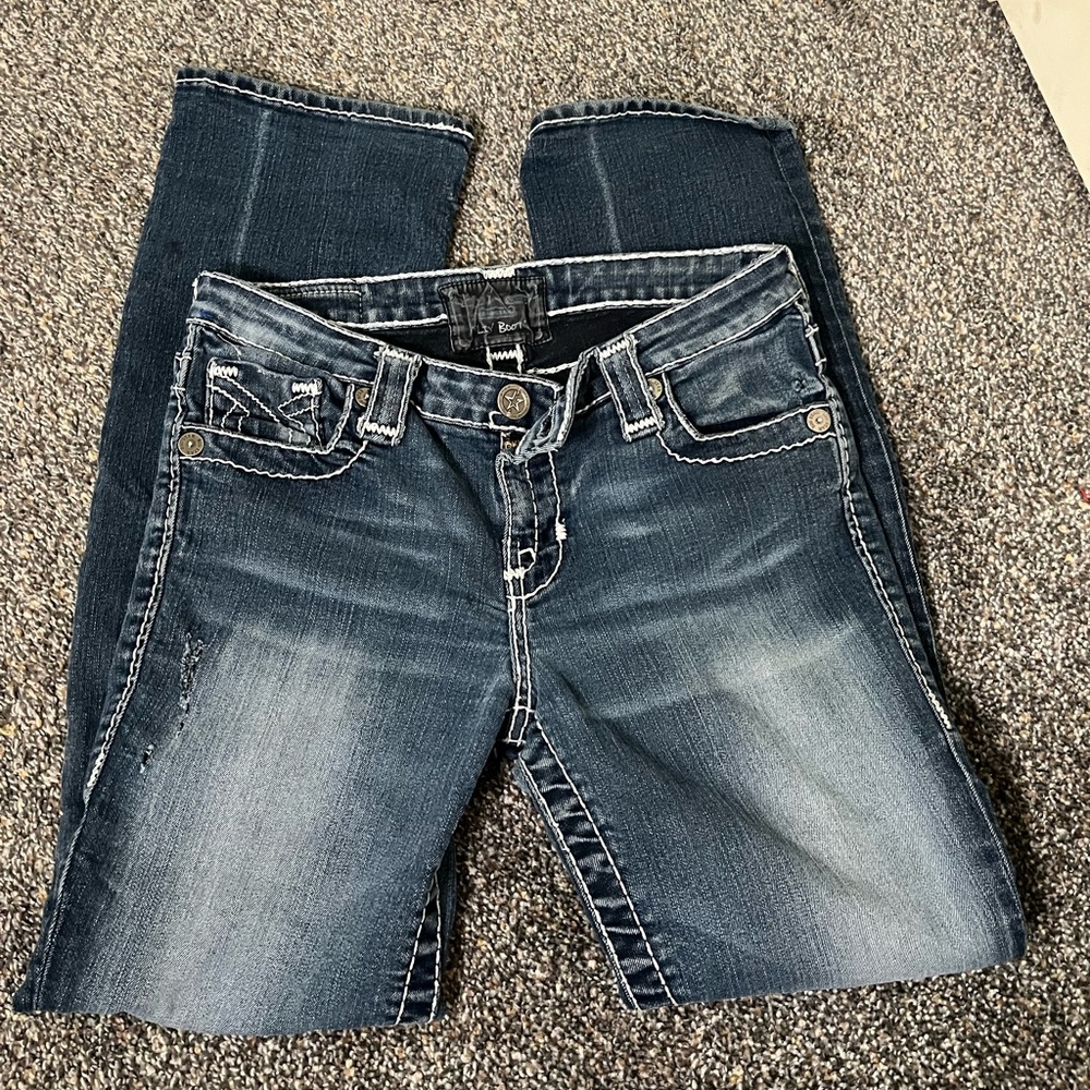 Women's Distressed Darkwash Jeans Contrast Stitch Embellished Pockets Boot Cut